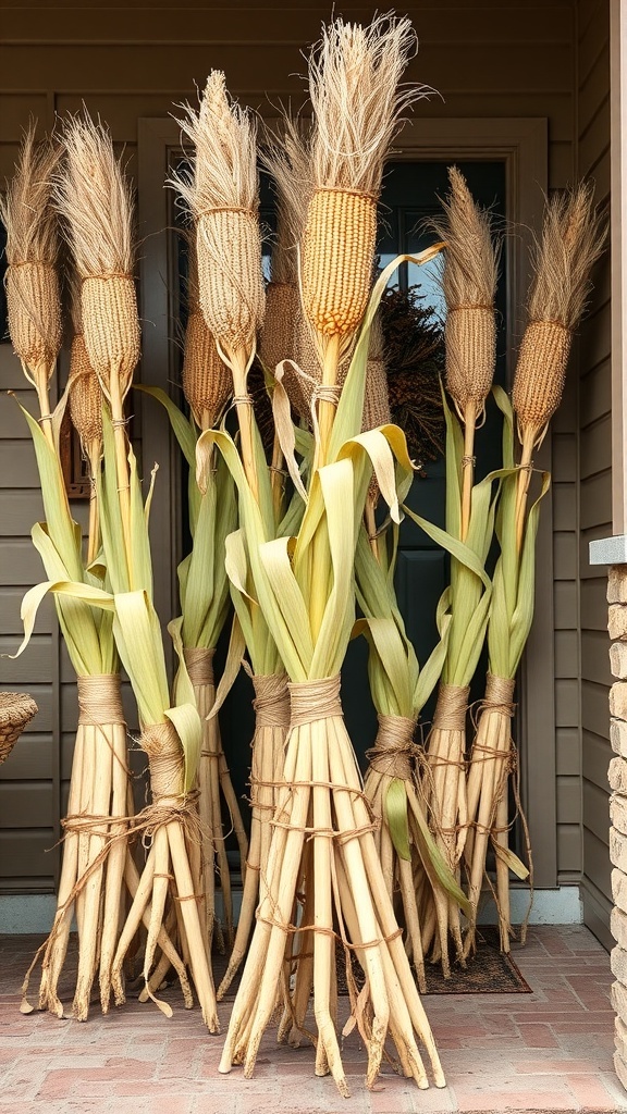 A display of corn stalk bundles tied together, showcasing their natural texture and fall colors.