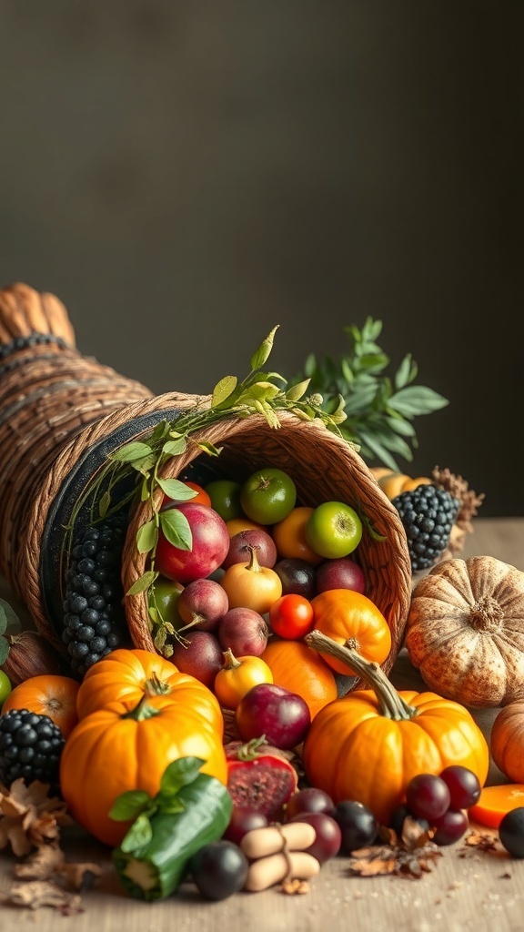 A cornucopia filled with colorful fruits and vegetables, symbolizing abundance for Thanksgiving.