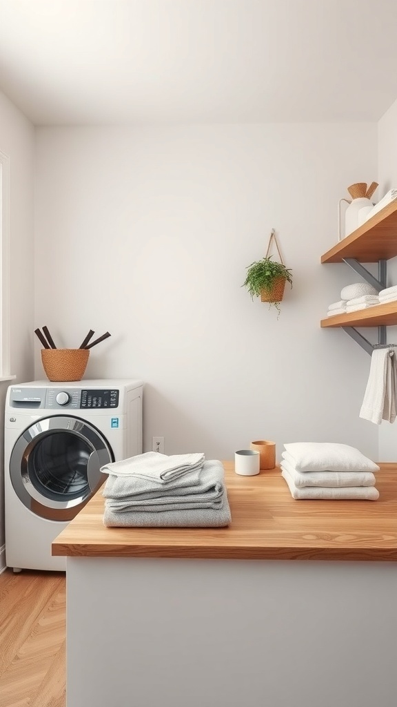 A modern laundry room with a wooden countertop, neatly folded towels, and open shelves.