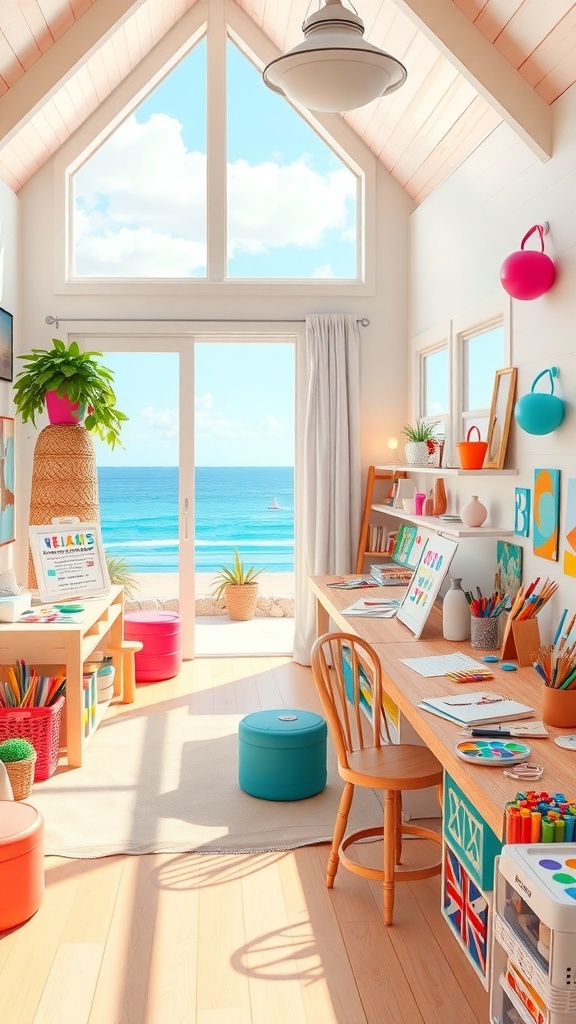 Bright craft room with ocean view, colorful supplies, and cozy seating.