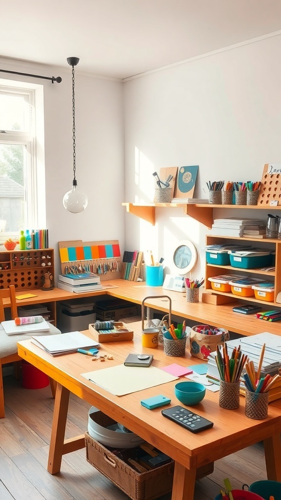 A bright and organized hobby room with wooden tables, colorful supplies, and natural light.