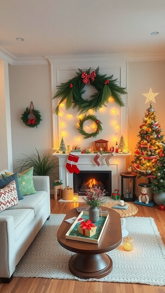 A cozy living room decorated for Christmas with a tree, wreaths, and stockings.