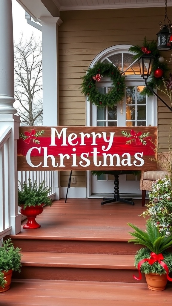 A festive wooden sign saying 'Merry Christmas' on a front porch with holiday decorations.