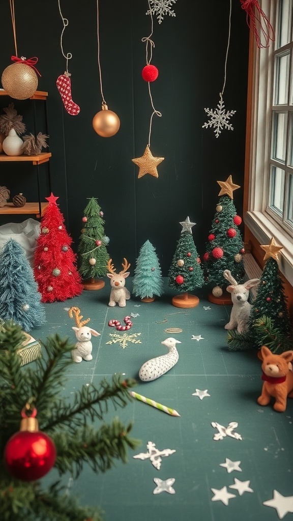A cozy Christmas room with colorful decorations, including small trees and ornaments.