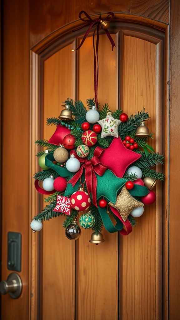 A beautifully decorated Christmas wreath on a front door with the words 'Merry Christmas' and colorful ornaments.