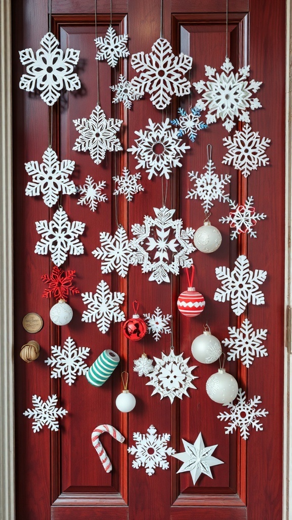 A door decorated with white snowflakes and colorful ornaments for Christmas.