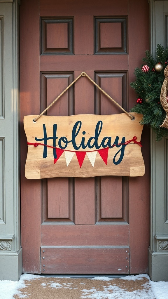 A wooden holiday sign hanging on a door, decorated with red and white bunting.