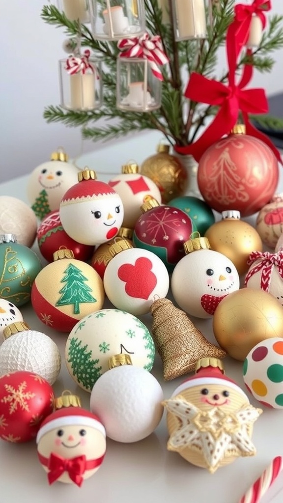 A collection of colorful DIY Christmas ornaments including snowmen, trees, and festive designs.