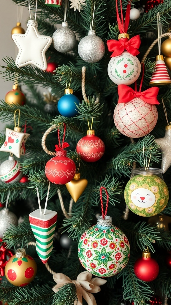 Colorful DIY Christmas ornaments hanging on a tree.