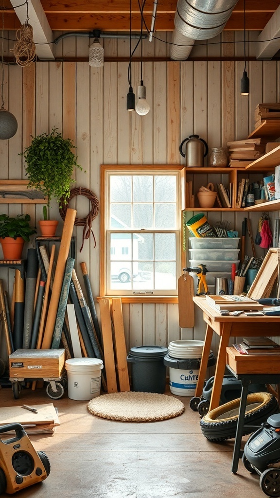 A cozy workshop filled with wooden planks, plants, and tools, perfect for DIY projects.