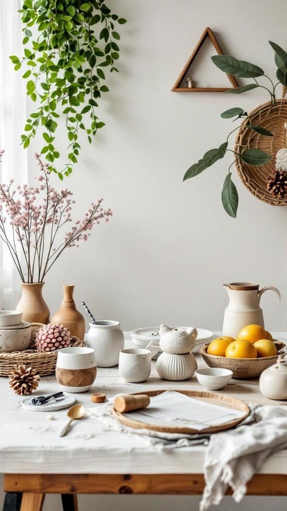 A beautifully arranged kitchen table with flowers, fruits, and decorative items.