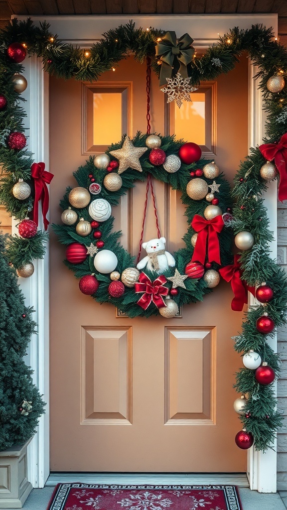 A beautifully decorated front door with a festive wreath, garlands, and lights.