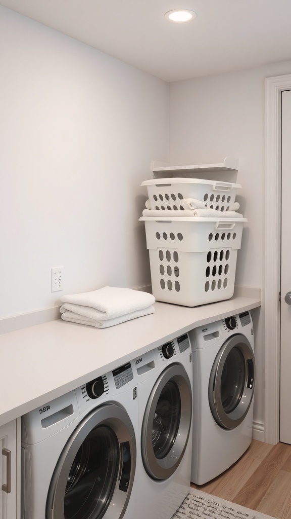 A modern laundry room featuring a countertop for folding clothes, stacked laundry baskets, and washing machines.