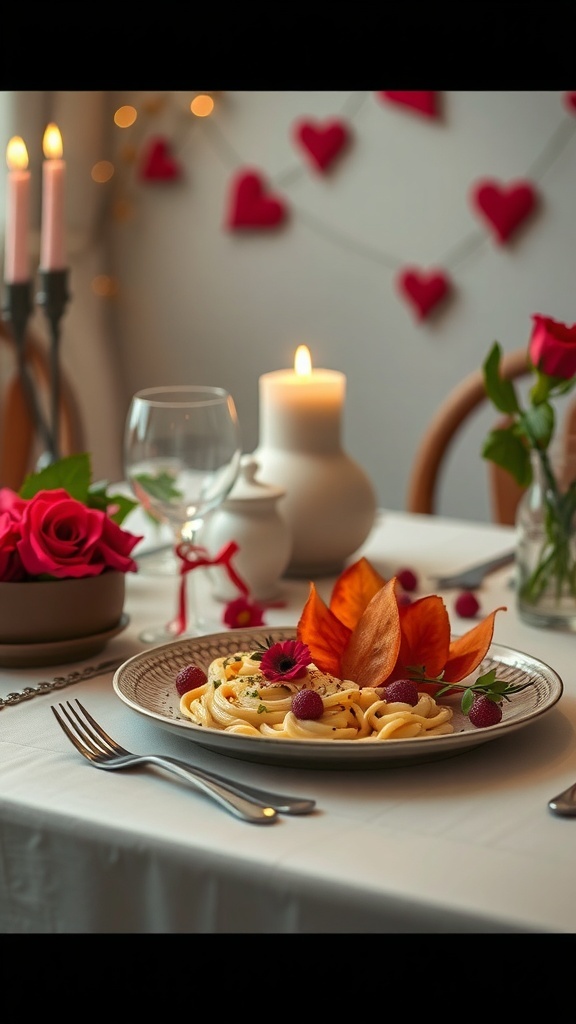 A beautifully arranged Valentine's Day table setting with pasta, flowers, and candles.