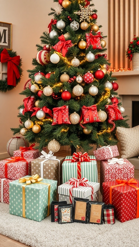 A beautifully decorated Christmas tree with colorful wrapped gifts underneath.