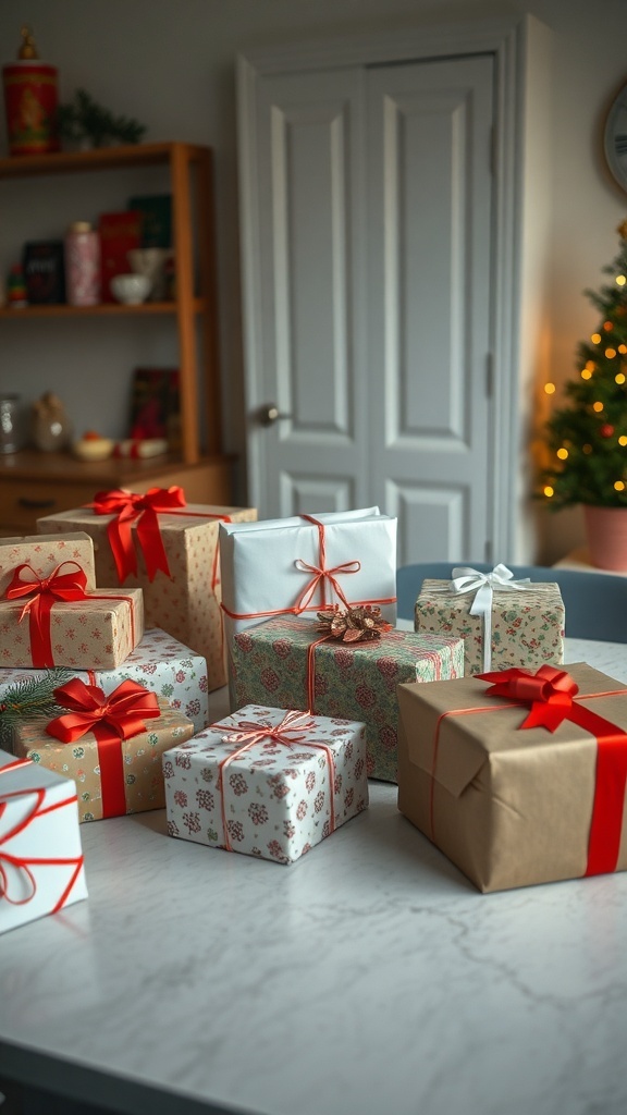 A collection of beautifully wrapped Christmas gifts in a cozy kitchen setting.