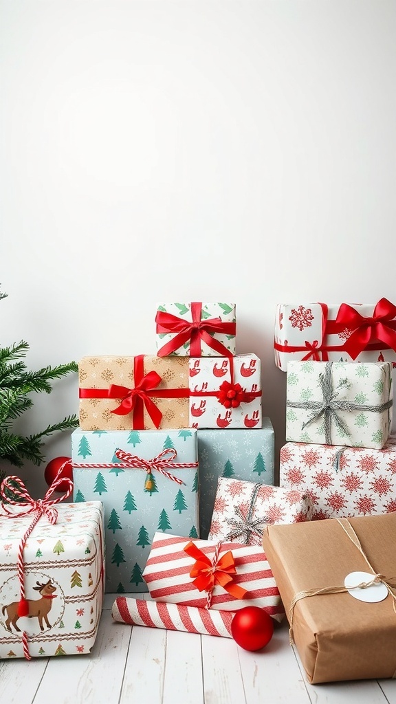 Colorful and creatively wrapped Christmas gifts with various patterns and ribbons.