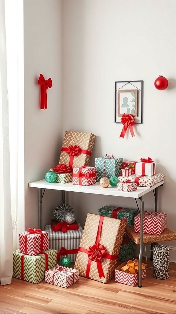 A cozy gift wrapping station with colorful wrapped presents and holiday decorations.