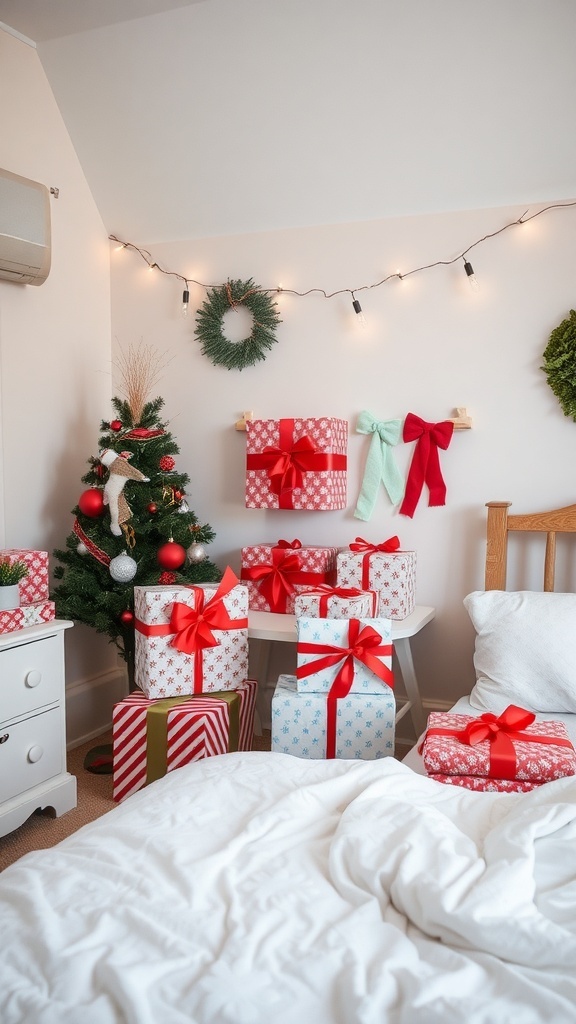 A cozy bedroom with a gift wrapping station, featuring colorful wrapped presents, a small Christmas tree, and festive decorations.