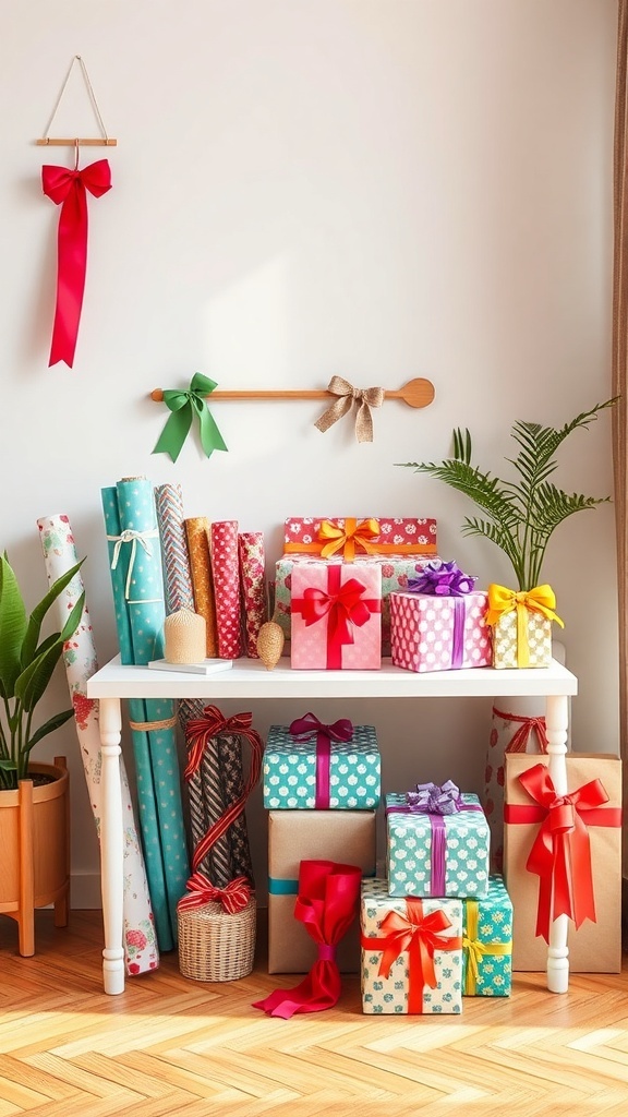 A cozy gift wrapping station with colorful wrapped gifts and decorative ribbons.