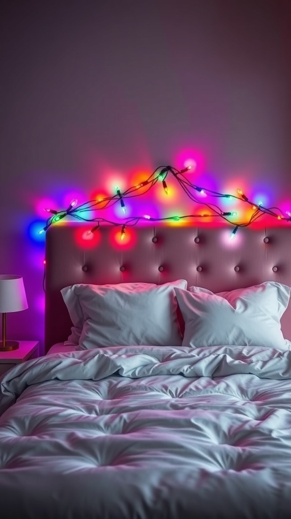A cozy bedroom with a pink headboard adorned with colorful Christmas lights.