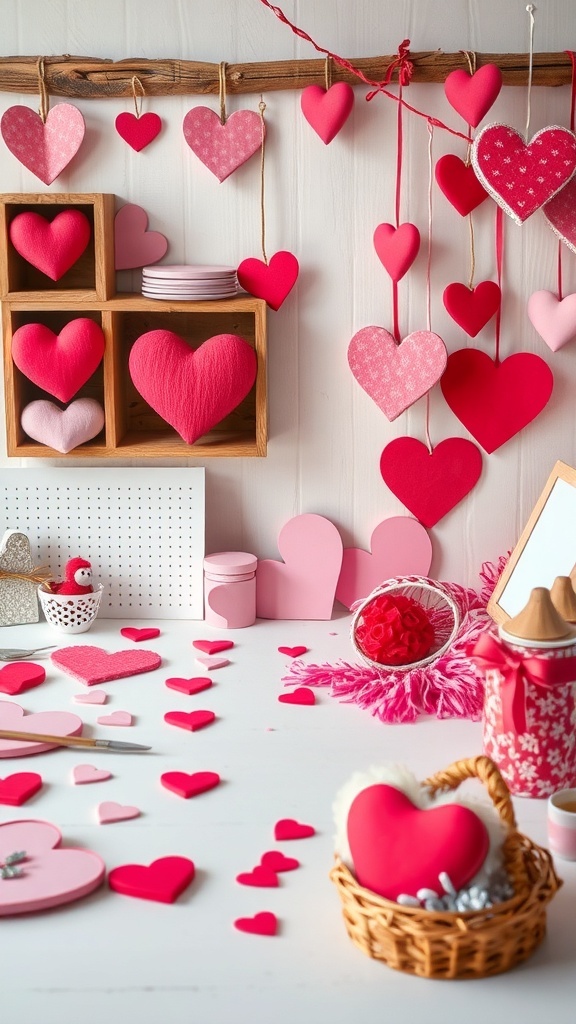A creative corner with various heart crafts for Valentine's Day.
