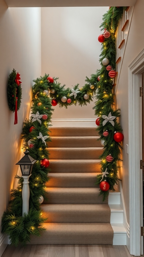 A beautifully decorated staircase with a green garland adorned with ornaments and lights.