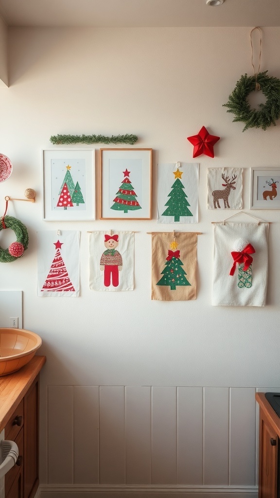 A cozy kitchen wall decorated with Christmas-themed art, including trees, reindeer, and festive wreaths.