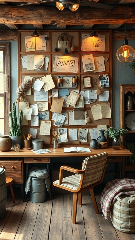 A rustic office with a wooden desk, a comfortable chair, and a creative inspiration board filled with various notes and sketches.