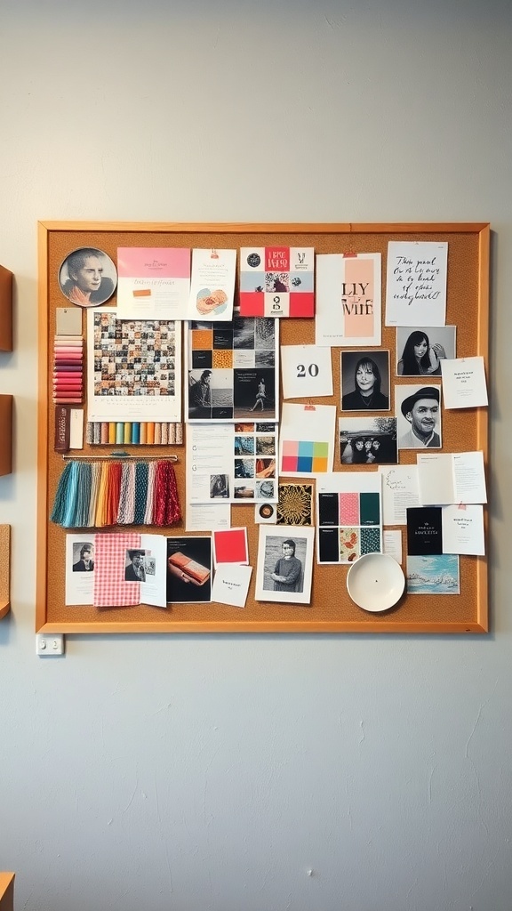 A corkboard filled with colorful threads, photographs, and inspirational quotes.