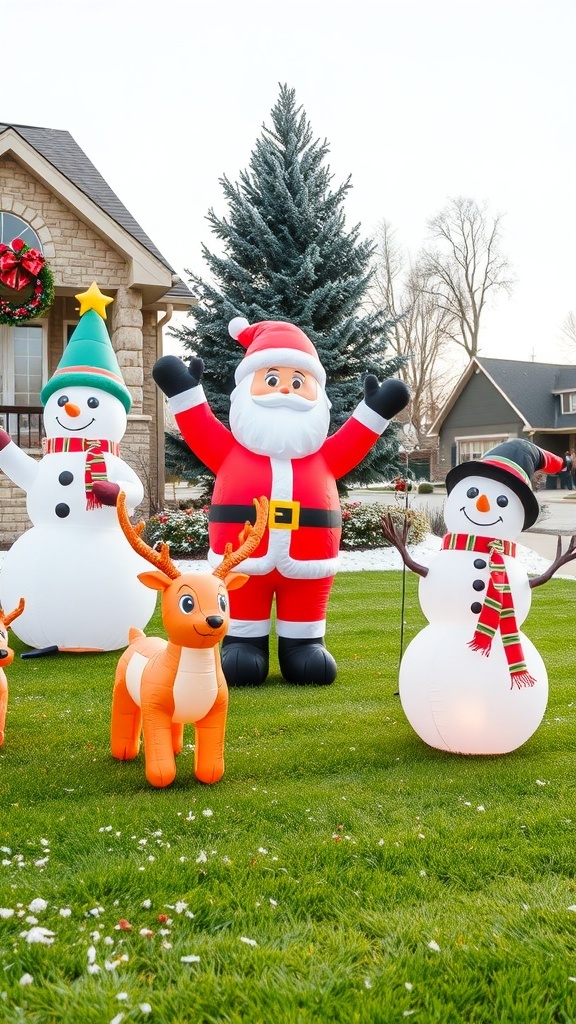A festive lawn display featuring a large inflatable Santa, two reindeer, and a snowman, with a bright sign that says 'PLAY'.