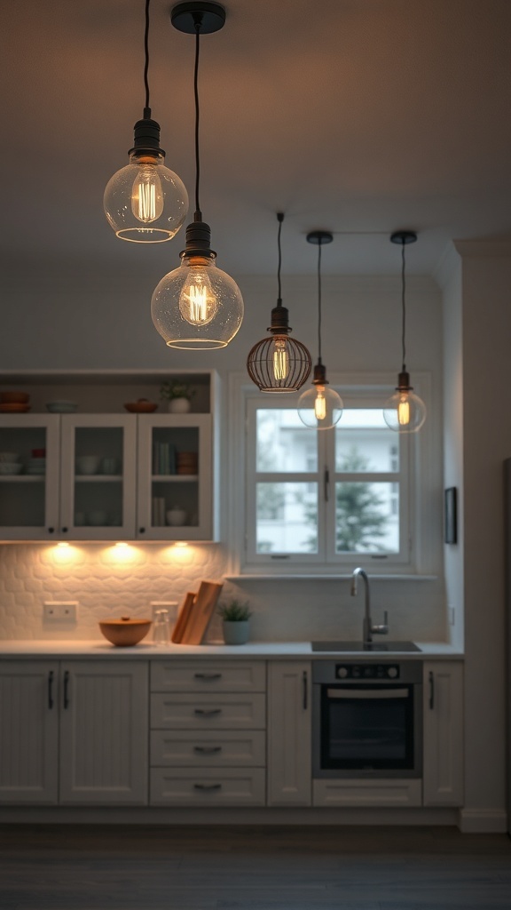 Stylish kitchen lighting with pendant lights and under-cabinet lights.