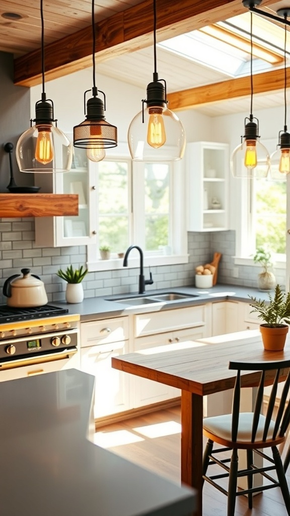 A modern farmhouse kitchen with stylish pendant lighting and a cozy atmosphere.
