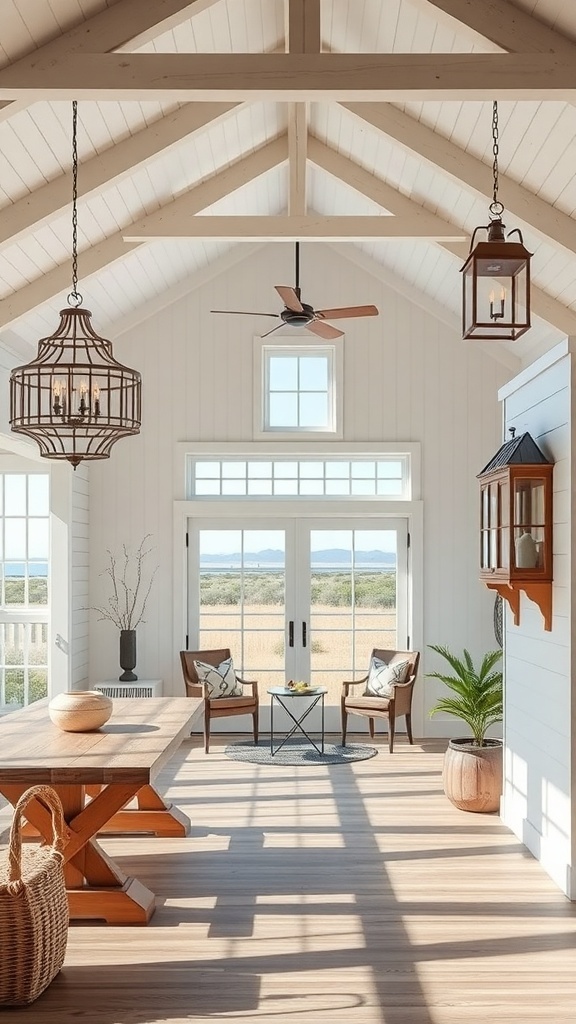 Interior of a modern coastal farmhouse with creative lighting solutions.