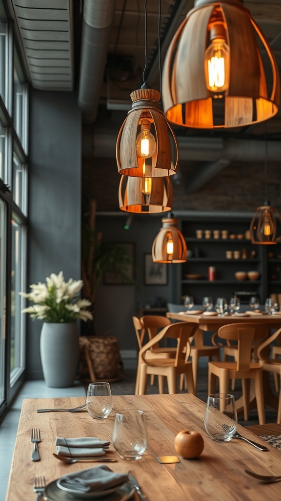 A cozy dining area featuring wooden pendant lights and a rustic table setting.