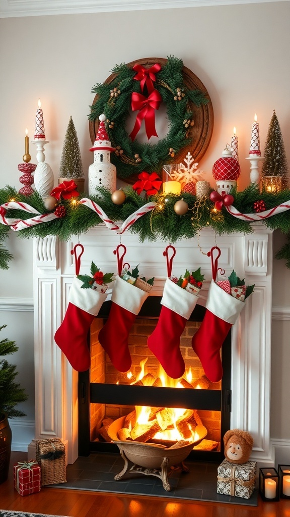 A beautifully decorated mantel with red stockings, a wreath, and festive greenery.