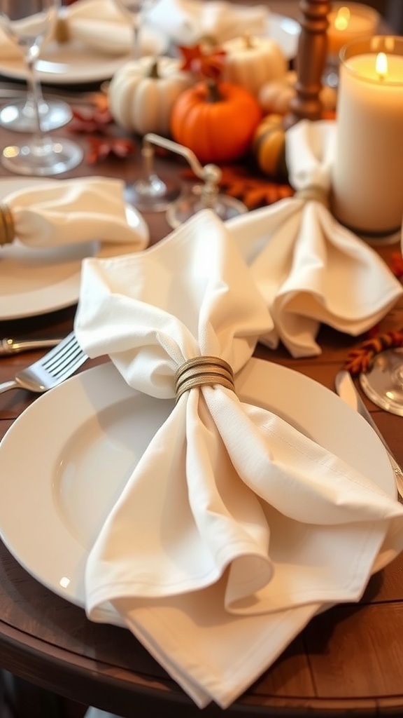A guide showing various creative napkin folding techniques for a Thanksgiving dinner table setting.