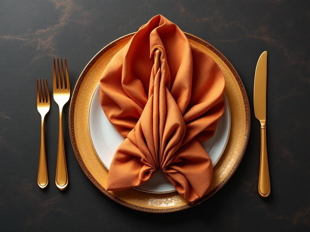 An elegantly folded orange napkin on a decorative plate with golden cutlery.