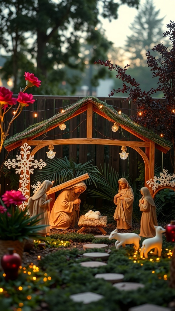 A beautifully arranged outdoor nativity scene with figures of Mary, Joseph, and baby Jesus, surrounded by flowers and lights.