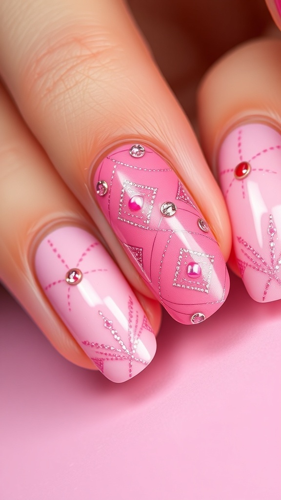 Nail art featuring pink polish with intricate designs and embellishments.