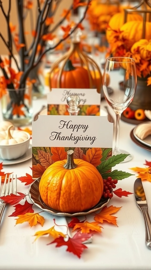 Thanksgiving table setup with pumpkins and place cards