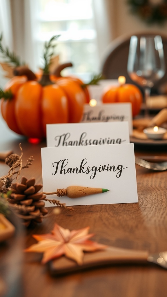 Thanksgiving dinner table with creative place cards and decorations