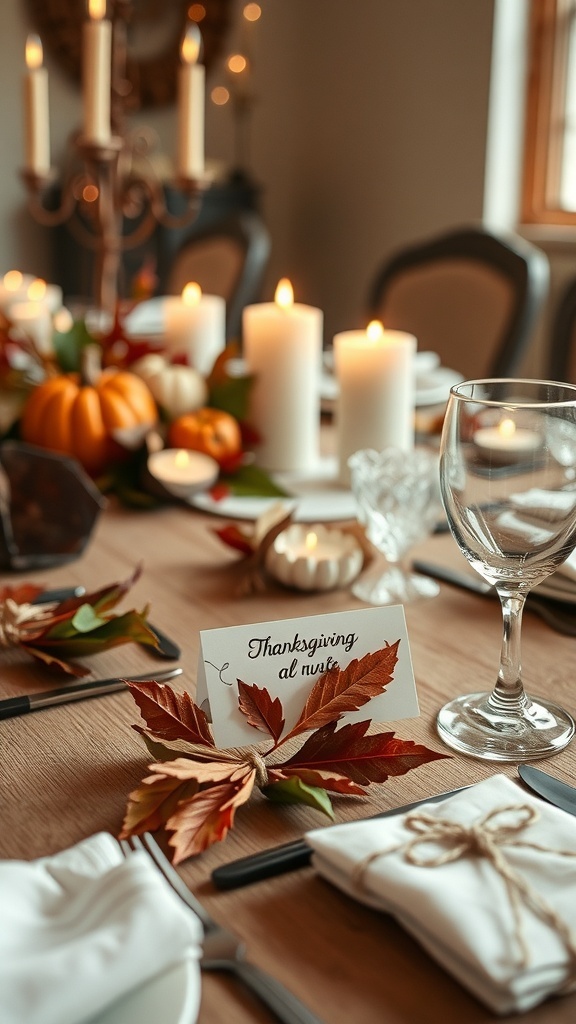 Thanksgiving table setting with place cards and autumn leaves