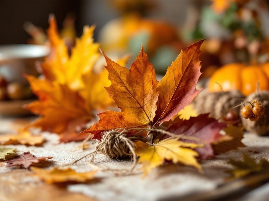 Close-up of autumn leaves and twine used as creative place cards on a Thanksgiving table.