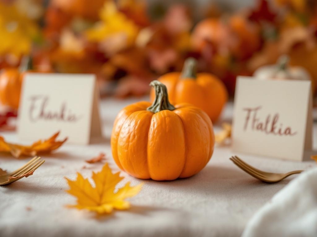 Thanksgiving table setting with mini pumpkins and place cards