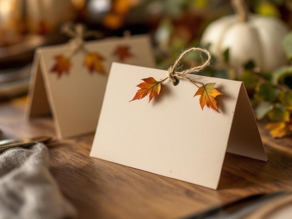 Thanksgiving place cards with autumn leaves