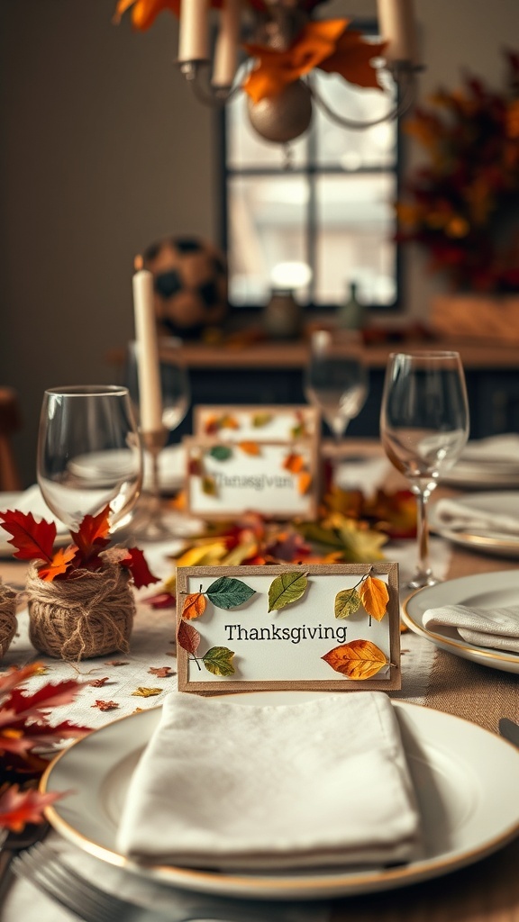 Thanksgiving table setting with place cards and colorful leaves