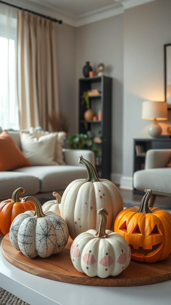 A cozy living room with a variety of creatively arranged pumpkins on a wooden tray, including a carved jack-o'-lantern and decorative white pumpkins.