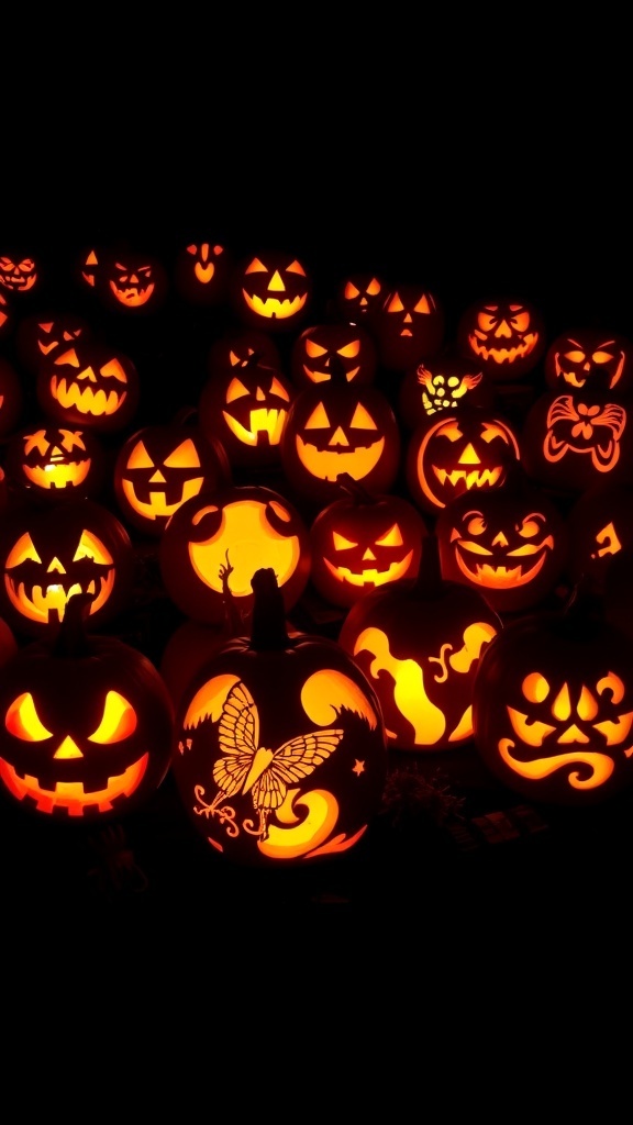 A collection of creatively carved pumpkins glowing in the dark
