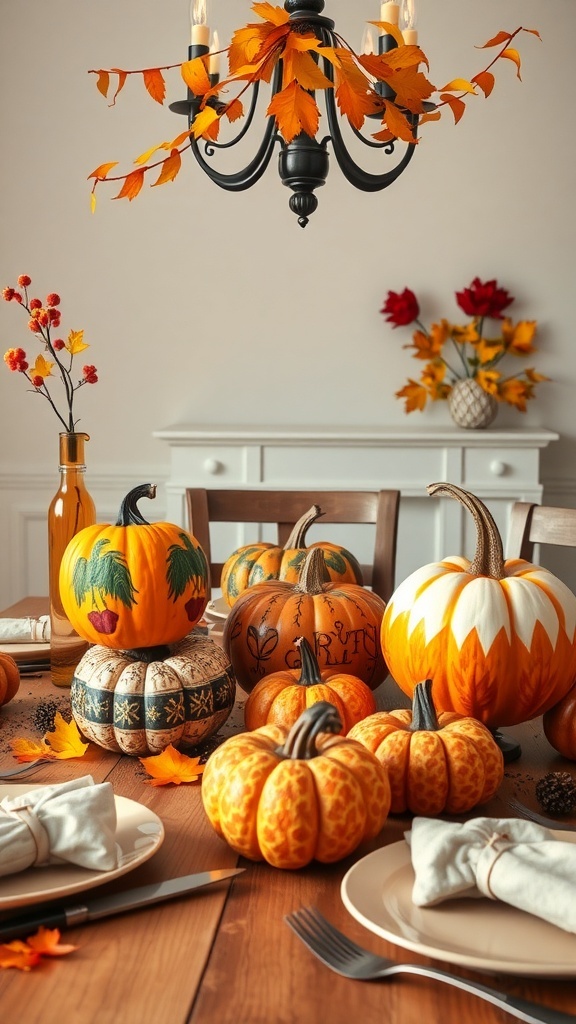 A Thanksgiving table decorated with various creative pumpkins and autumn leaves.